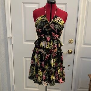 Nicole by Nicole Miller Black and Pink Floral Mini  halter Dress